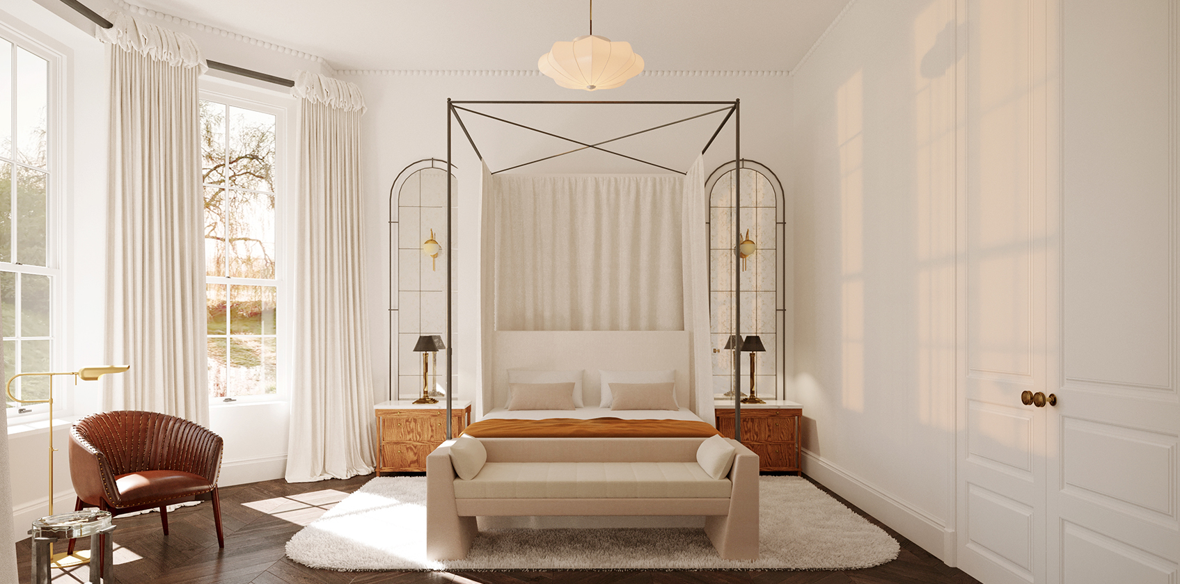 Luxury master bedroom with a canopy bed and white walls.