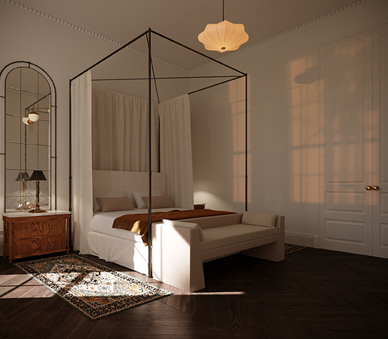 Modern canopy bed with curtains.
