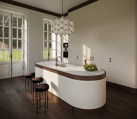 Contemporary urban kitchen with a kitchen island and white cabinetry.