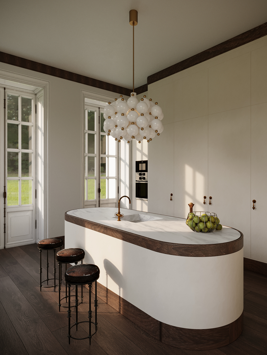 Contemporary urban kitchen with a kitchen island and white cabinetry.