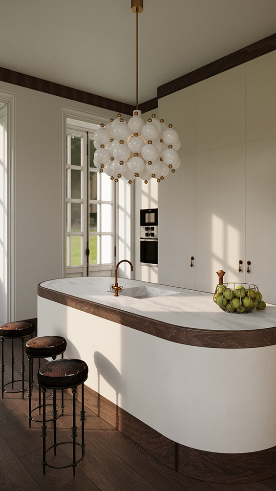 Contemporary urban kitchen with a kitchen island and white cabinetry.