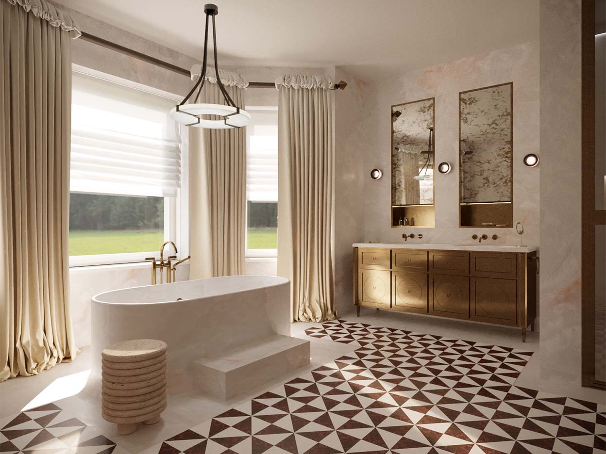 Luxury master bathroom with a freestanding marble tub.