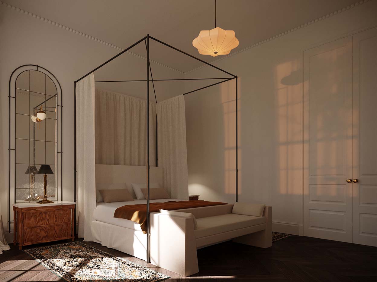 Luxury master bedroom with a canopy bed and white walls.