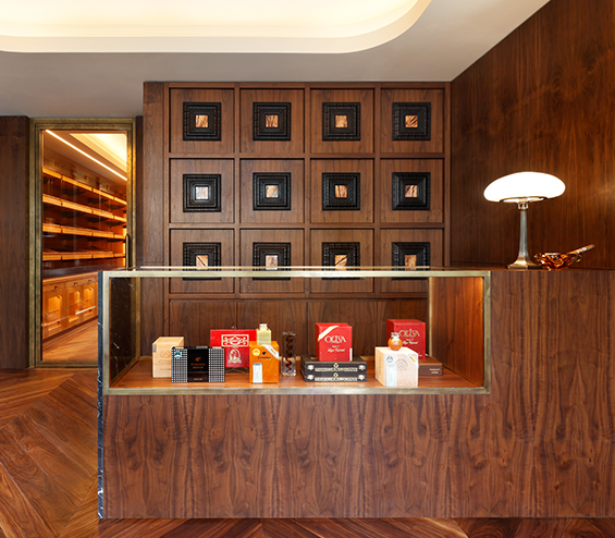 Cigar lounge counter with bespoke timber panelling.