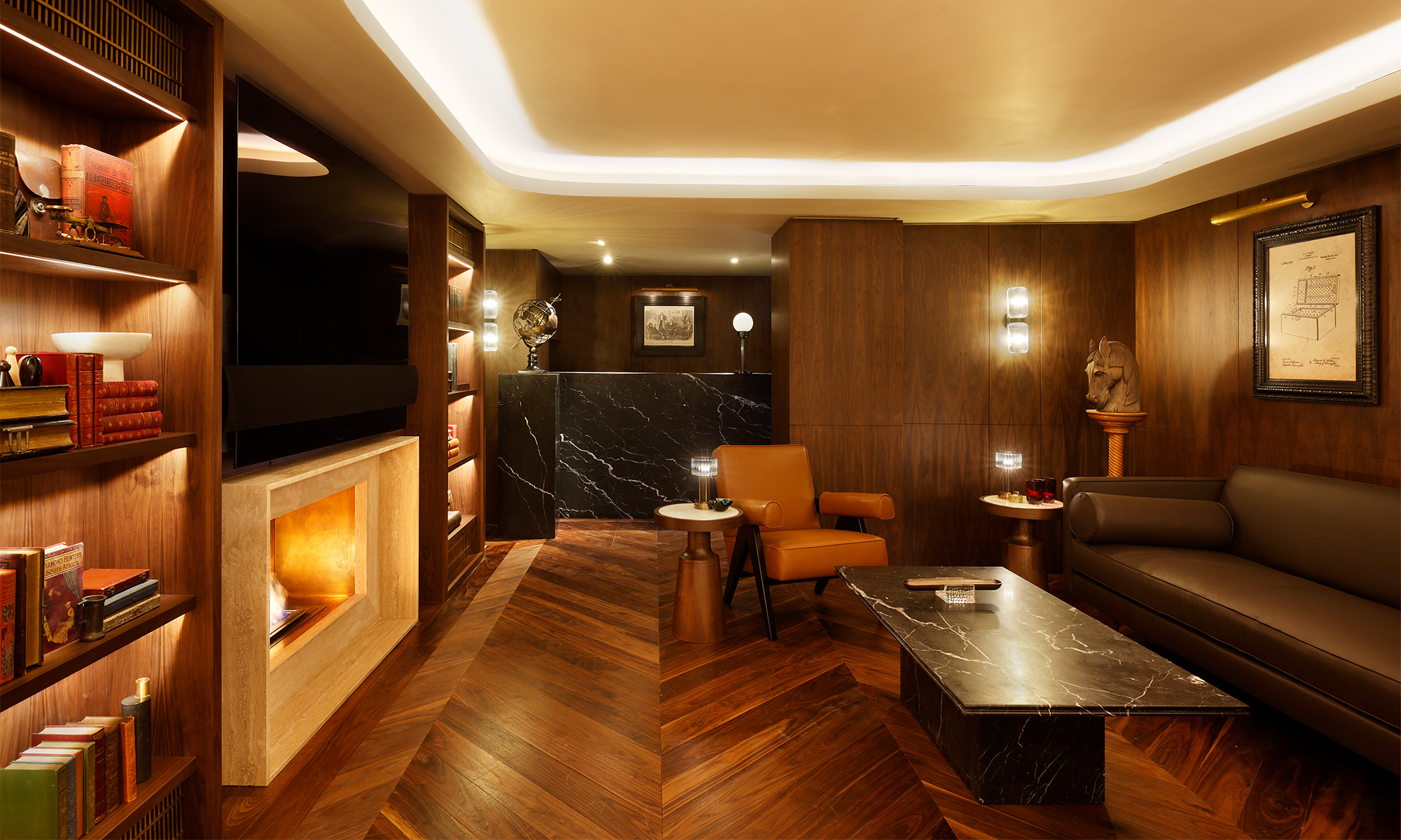 Bespoke luxury cigar lounge with timber and black marble.