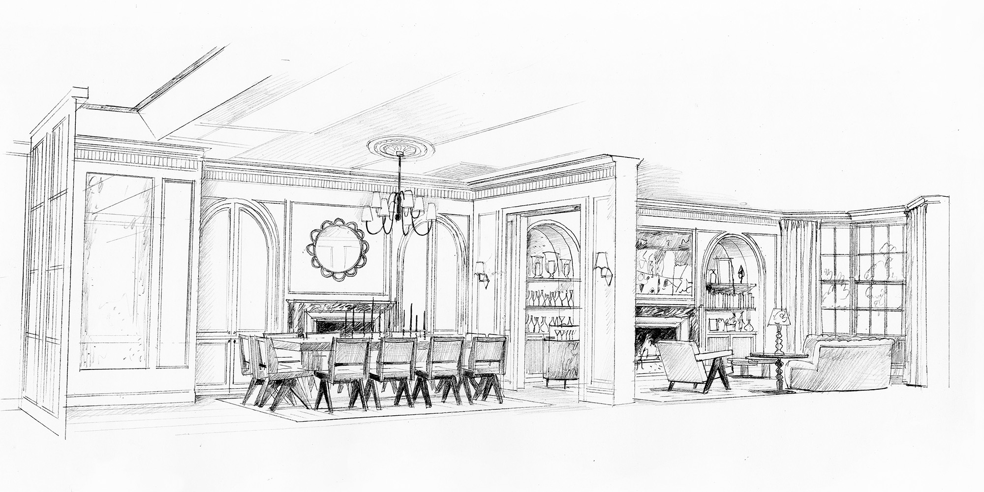 Hand drawn sketch of a bespoke bar in a cosy seating area.
