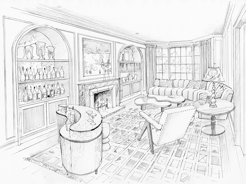Hand drawn sketch of living and dining areas with a cosy seating area.