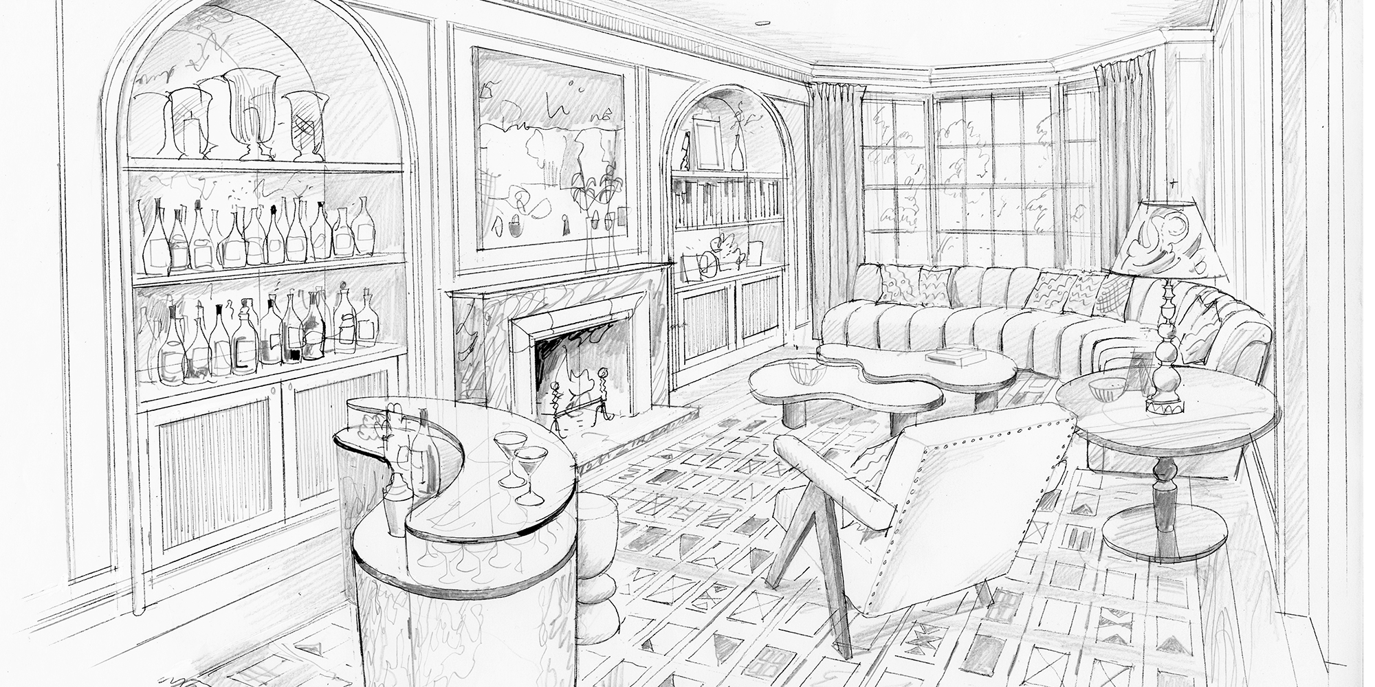 Hand drawn sketch of a bespoke bar in a cosy seating area.