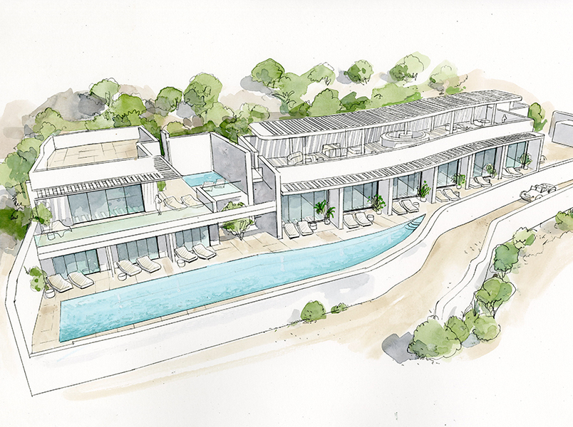 Hand drawn sketch of an all-suite boutique hotel with a private pool in Mykonos.